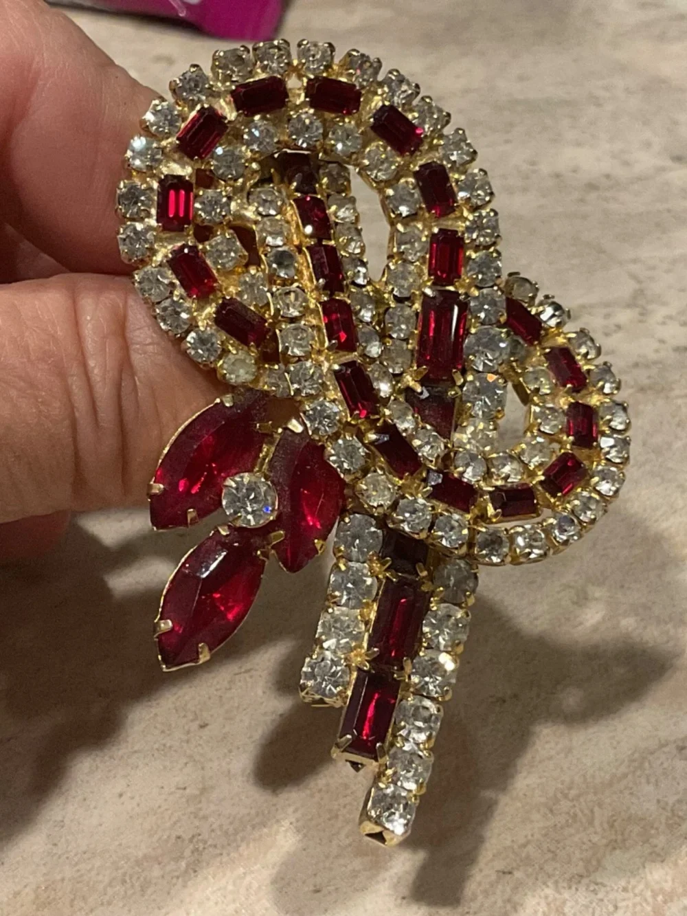 Vintage Ribbon Brooch Red Baguette Rhinestones in goldtone setting 1959-1960’s